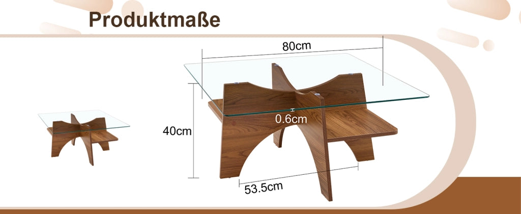 TAVOLINO Quadrato 80x80x40 cm Vetro temperato e MDF effetto noce