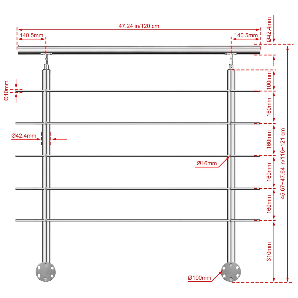 Ringhiera Balaustra Corrimano in acciaio inox 304 spazzolato per scale 120 cm, 5 barre trasversali, fissaggio laterale, per interni ed esterni