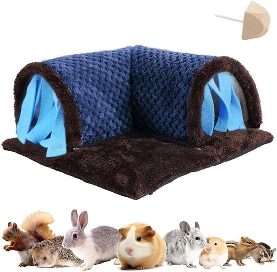 Tunnelhuis per cavie grande con abitacolo rimovibile e pelliccia di velluto, giocattolo per gabbia con pietra da molar - 35 x 35 x 15 cm