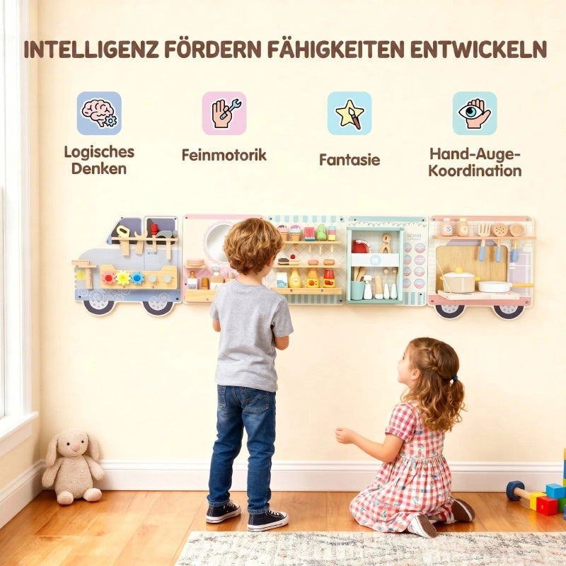 Tavola sensoriale Montessori a forma di camioncino, adatta a bambini dai 3 anni in su.