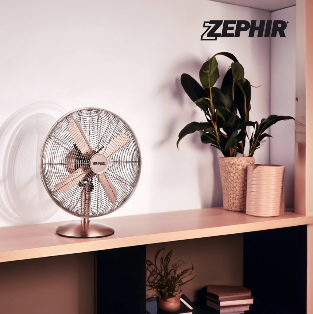 Zephir PFV40BR Ventilatore da tavolo stile vintage rame bronzo 40 cm 3 velocità inclinazione regolabile oscillazione 50W