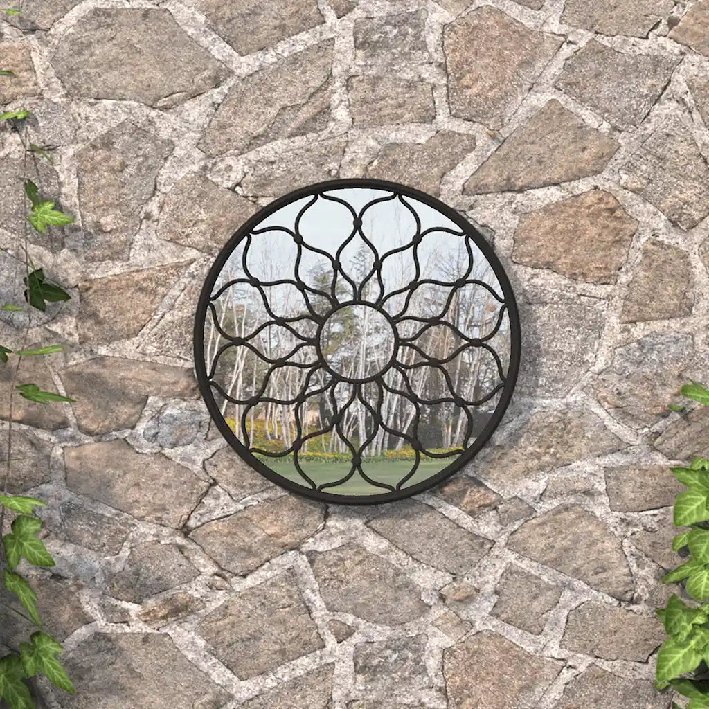 Specchio da Giardino-Specchio Decorativo-Specchio Esterno Nero 60x3 cm in Ferro Rotondo da Esterno