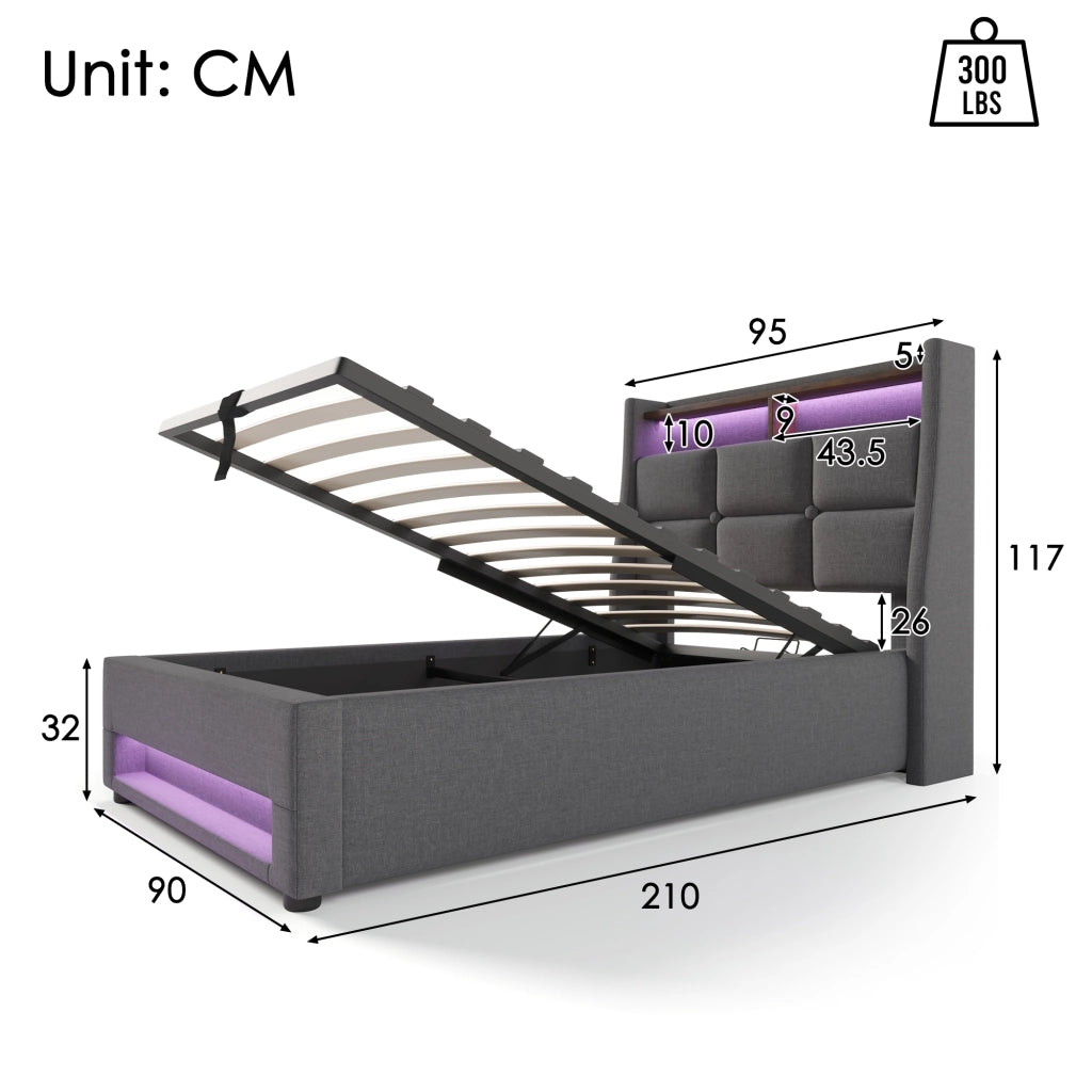 LETTO imbottito 90x200 cm grigio con LED, USB e struttura in lino