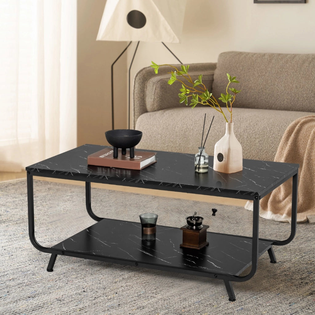 Tavolino da caff¨¨ in finto marmo, Tavolino moderno adatto a ufficio salotto e balcone 105x55x46,5cm Nero-Tavolini da salotto