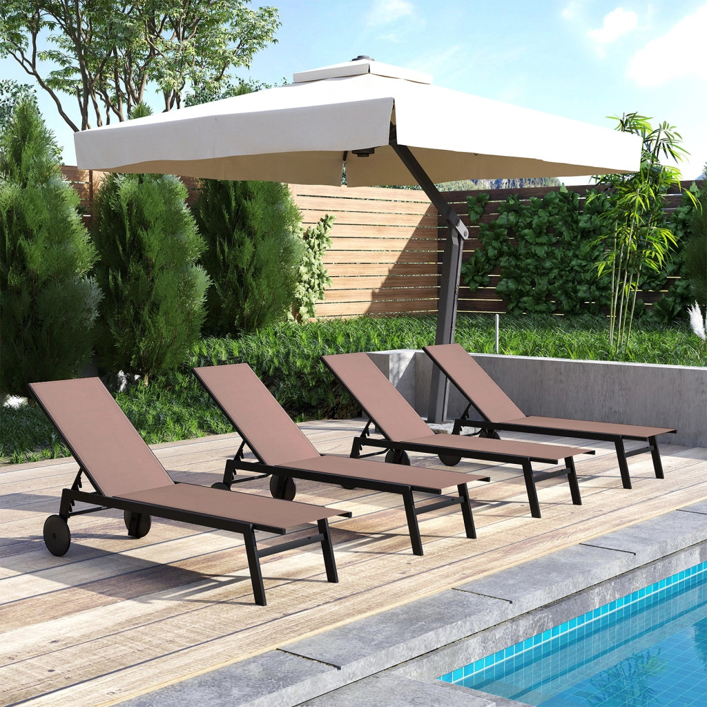 Sdraio patio ruote poltrona reclinabile 6 posizioni schienale regolabile-Sdraio tessuto traspirante prendisole piscina terrazza giardino Marrone