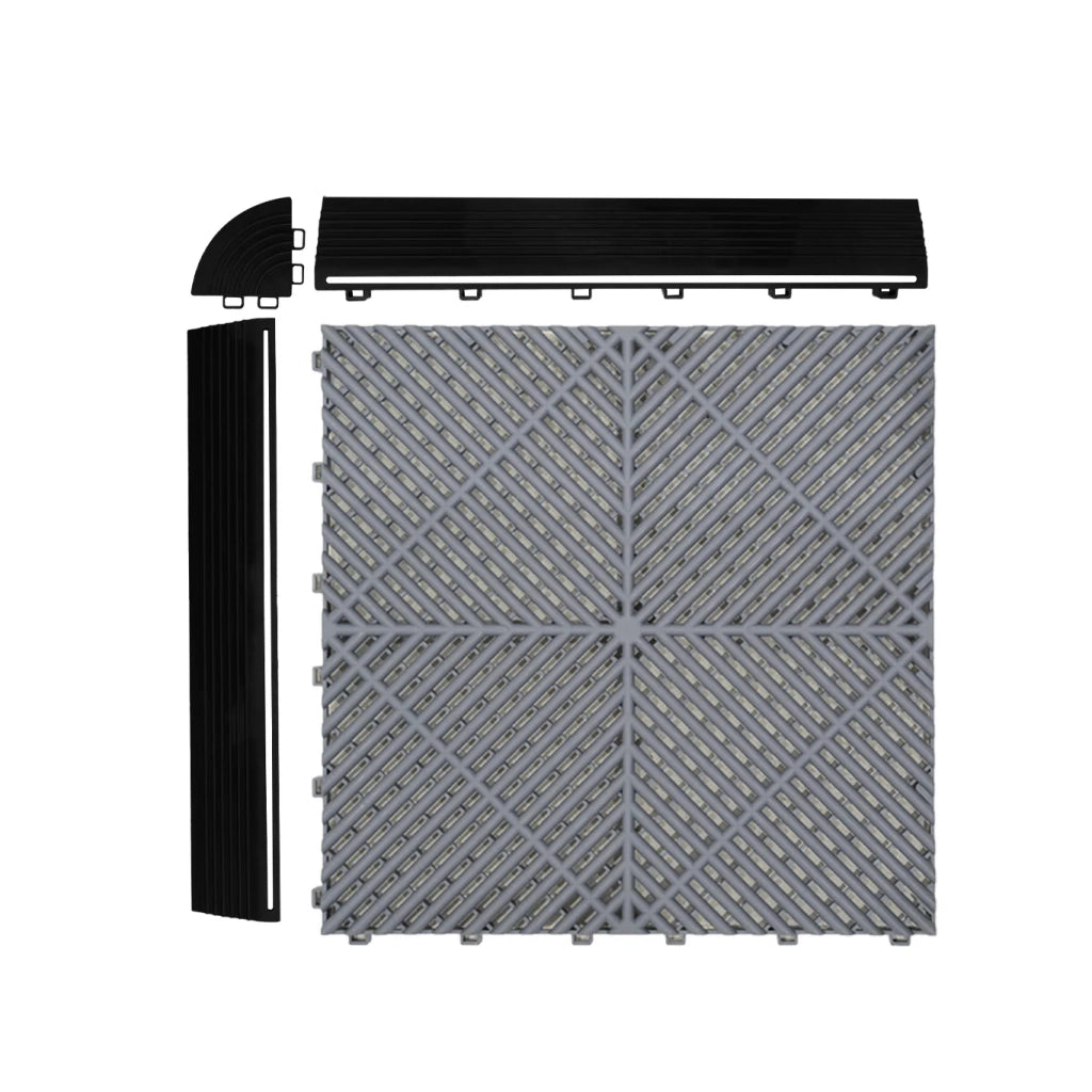 Piastrelle ventilate grigie e nere 6m x 6m per garage doppio e officine, antiscivolo.