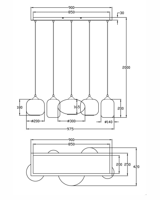 Gillis Lampada a Sospensione in Metallo e Vetro Soffiato Fumé 5x E27 40W 90x25x200cm - Design Elegante per Interni Moderni e Raffinati