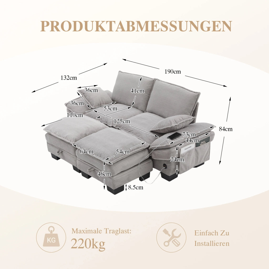 Divano modulare 2 posti in corduroy con pouf contenitore e USB-C - grigio chiaro