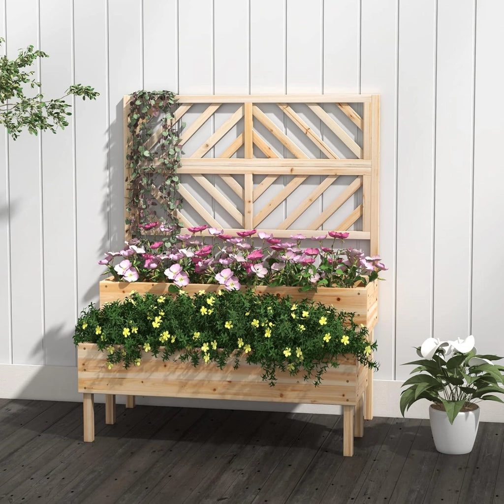 Fioriera da Giardino a 2 Livelli con Traliccio, Letto Rialzatto con Gambe in Legno, Foro di Drenaggio, Fioriera da Interno ed Esterno per Frutta, Verdura, Fiori ed Erbe Rampicanti (Legno)