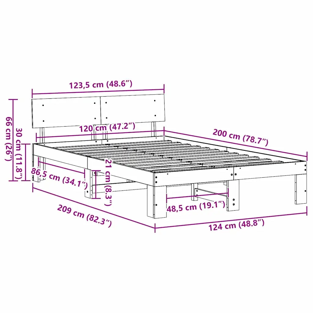 Letto matrimoniale | Letto per adulti | Struttura del letto Marrone cerato 120 x 200 cm Pino massello