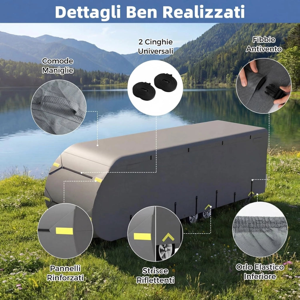 Telo Copri Roulotte, Copertura per Camper in Tessuto non Tessuto, con Cinghie, Toppe di Riparazione e Borsa da Trasporto, Impermeabile e Antivento (493 x 260 x 250 cm)