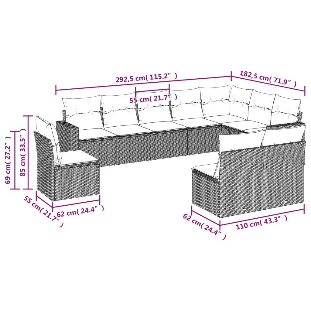 Set Divano da Giardino 10 pz con Cuscini Beige in Polyrattan 3219099