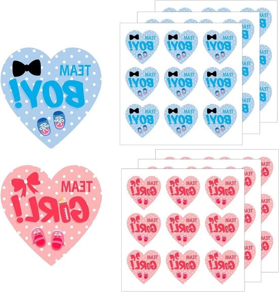 Etichette di rivelazione del sesso, 5cm Blu Rosa Team Ragazzo Team Ragazza Etichette autoadesive per Scrapbook Giochi Feste di benvenuto per bambini Regali di favola (Stile cuore)