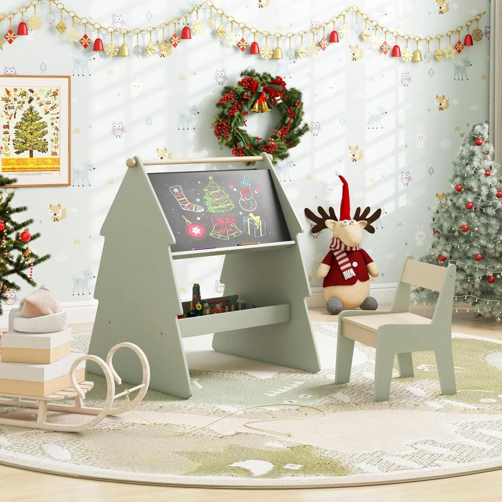 Cavalletto a Forma di Albero per Bambini con Sgabello, Set Tavolo e Sgabello con Cavalletto a 2 Lati e Scaffale per Riporre, Cavalletto da Disegno 68 x 60 x 80 cm, Verde e Naturale