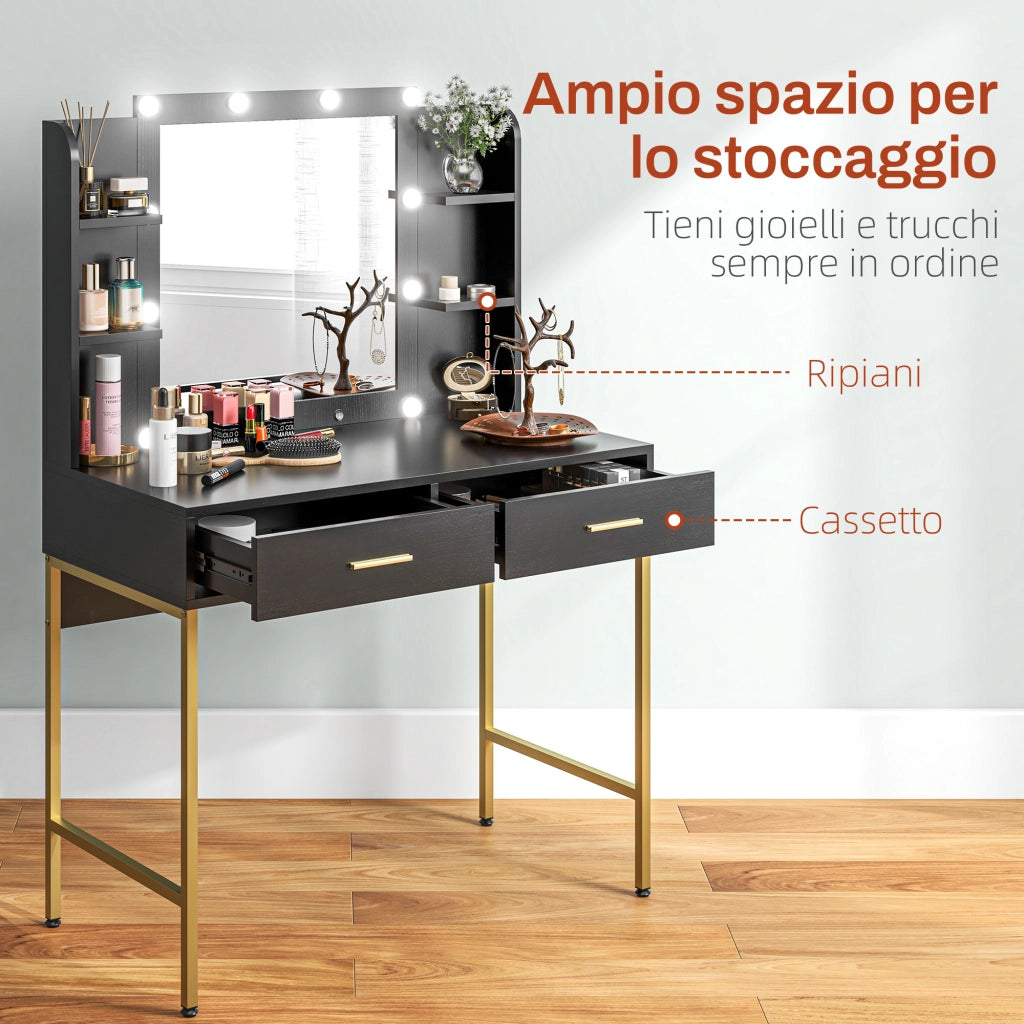 Toeletta Trucco con Specchio 10 Lampadine e Sgabello Imbottito, con 2 Cassetti e Ripiani ¨C Minimal ¨C Nero