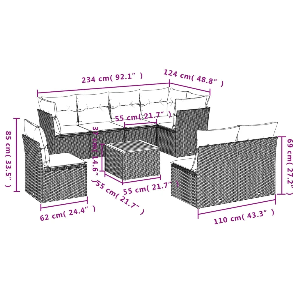 Set Divano da Giardino 9 pz con Cuscini Beige Misto Polyrattan 3256017