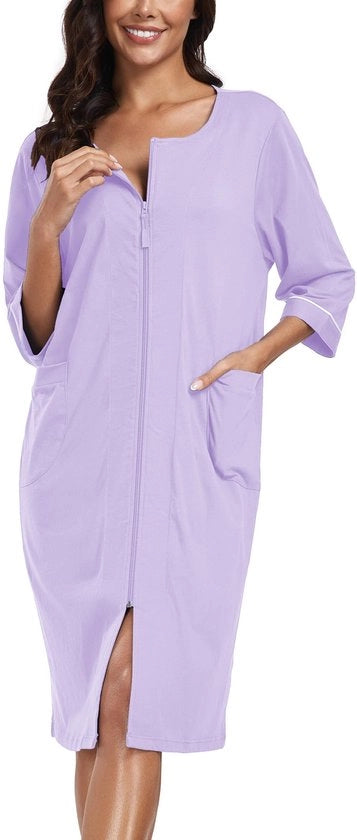 Camicia da notte per donna con cintura, giacca da camera leggera, camicia da notte in cotone 100%, con maniche 3/4 e tasche (viola, XL)