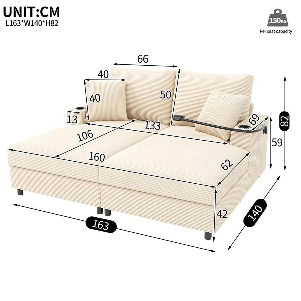 Divano letto XXL - Xylo - Doppio, USB, porta bicchieri, beige, imbottito