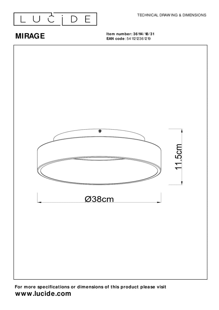 Plafoniera LED Lucide Mirage rotonda 38cm 22W bianca