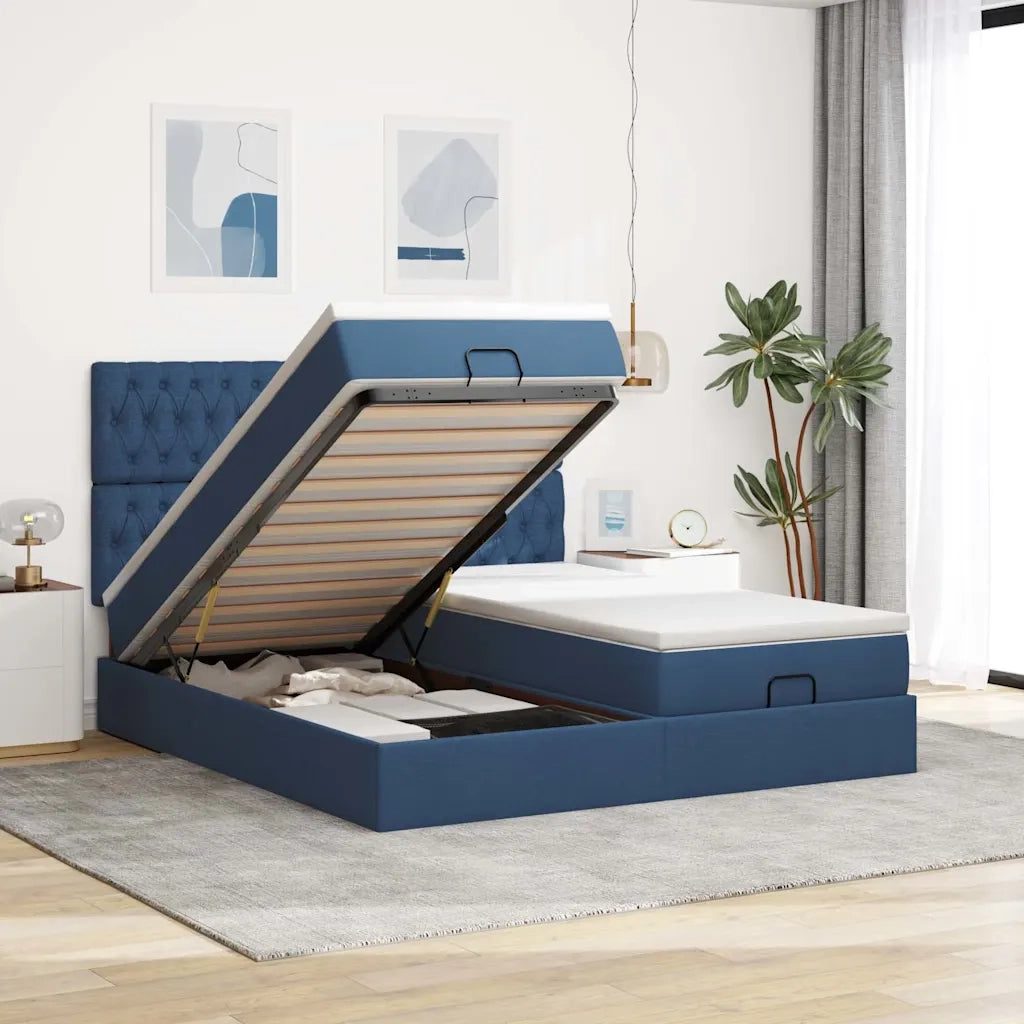 Struttura Letto Pouf con Materassi Blu 200x200 cm in Tessuto 3313726