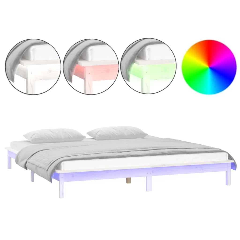 Letto matrimoniale | Letto per adulti | Giroletto con LED Bianco 150x200cm King Size in Legno Massello