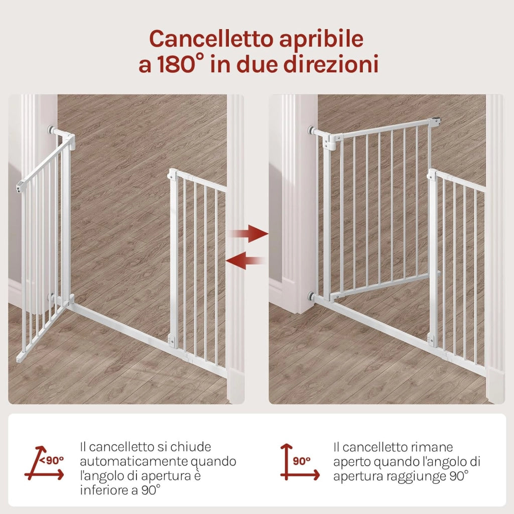 Cancelletto per Bambini in Metallo, Cancello per Scale e Porte con Apertura 75-107cm, Cancelletto per Cani Apribile in 2 Direzioni, Chiusura Doppia, Montaggio con/senza Foratura, Bianco
