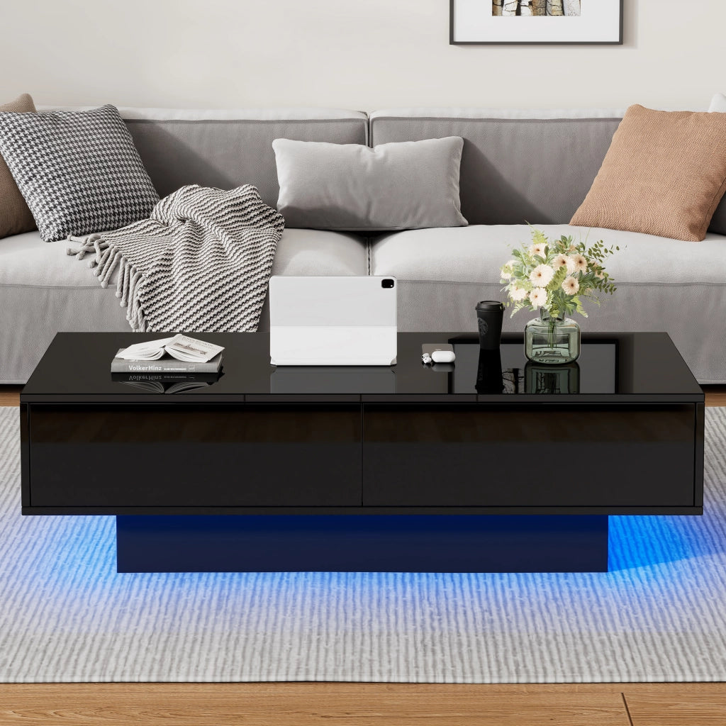 TAVOLINO da caffè 115x55x34 cm nero lucido con 2 cassetti e LED
