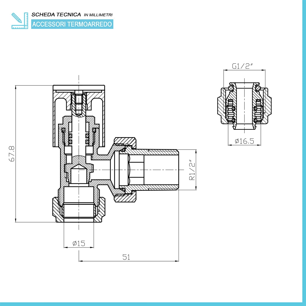 Valvole termoarredo tonde nere con attacco G 1/2 e raccordo rame da 12 mm