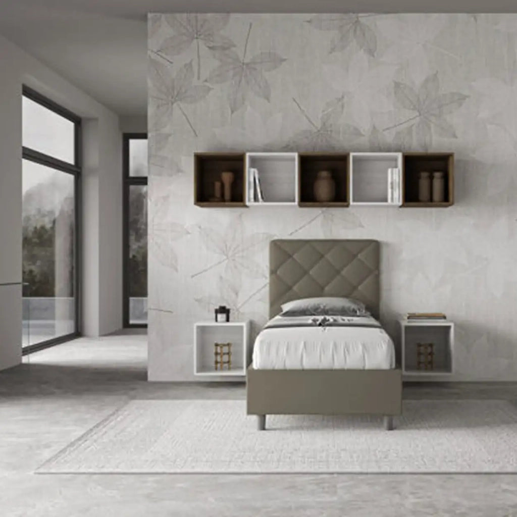 Letto singolo contenitore imbottito 90x210 similpelle cappuccino Priya