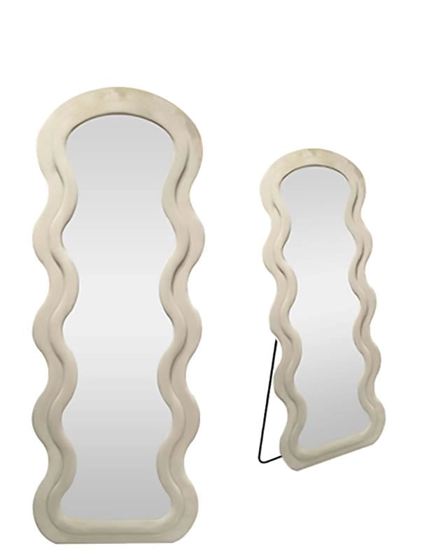 SPECCHIO ONDULATO IN VELLUTO TORTORA CON PIEDE E GANCI PER APPENDERE MISURE: 60X160CM