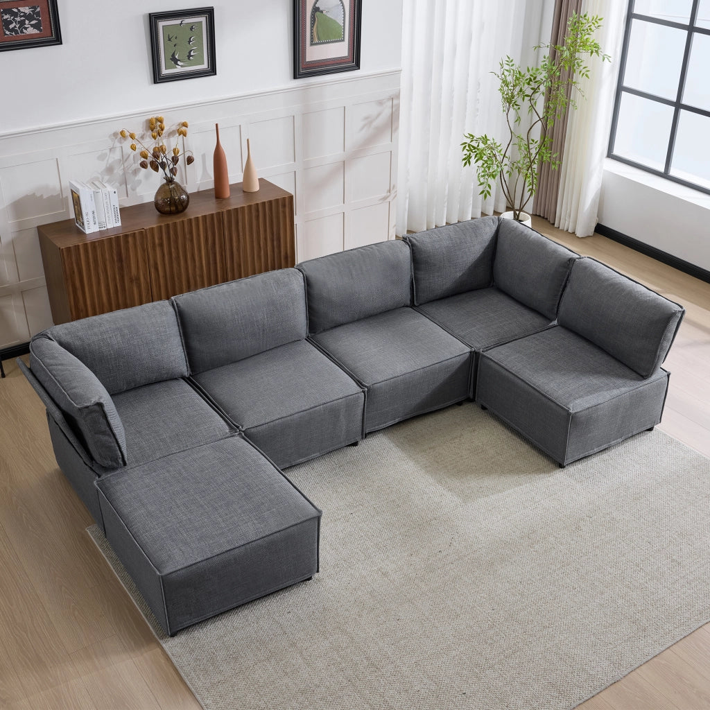 Divano Modulare in Tessuto ¨C MINIMAL ¨C Grigio Scuro, Legno, Componibile