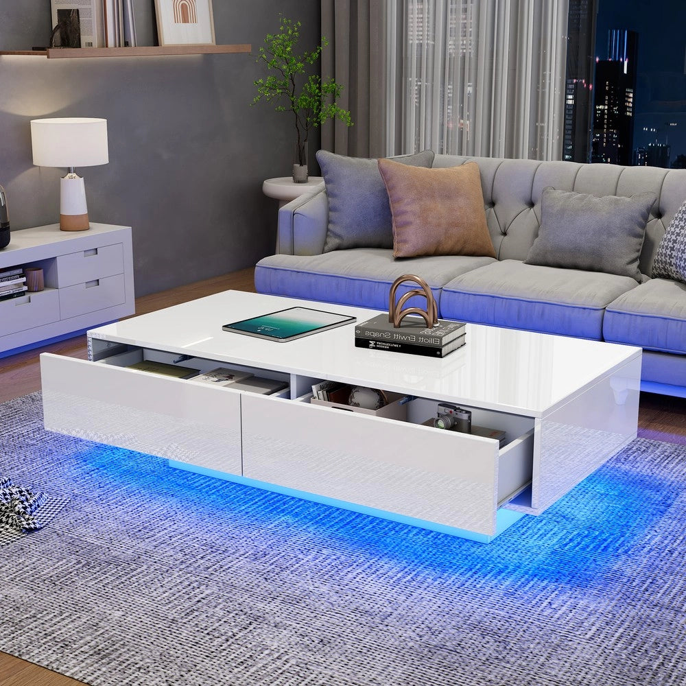 Tavolino da Caff¨¨ con LED e Cassetti ¨C MINIMAL ¨C Bianco Lucido 115x55x34
