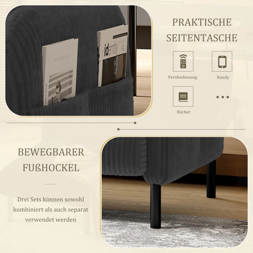 DIVANO 2 Posti 120 x 75 x 79 cm in Tessuto a Coste Grigio con Tasche Laterali