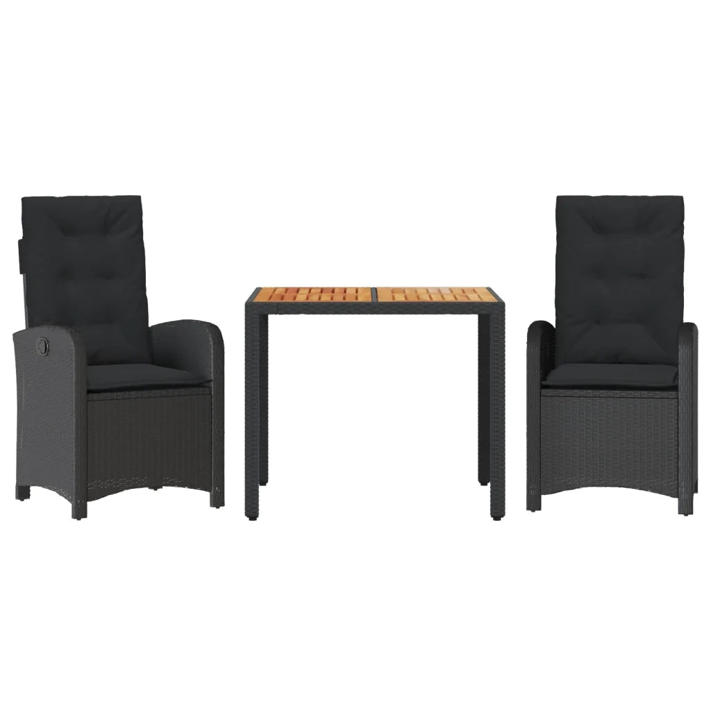 Set da Pranzo da Giardino 3 pz con Cuscini Nero in Polyrattan