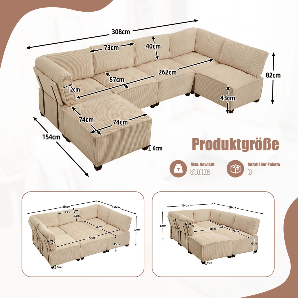 DIVANO MODULARE 6 POSTI 308x154x81,99 cm Corduroy Khaki