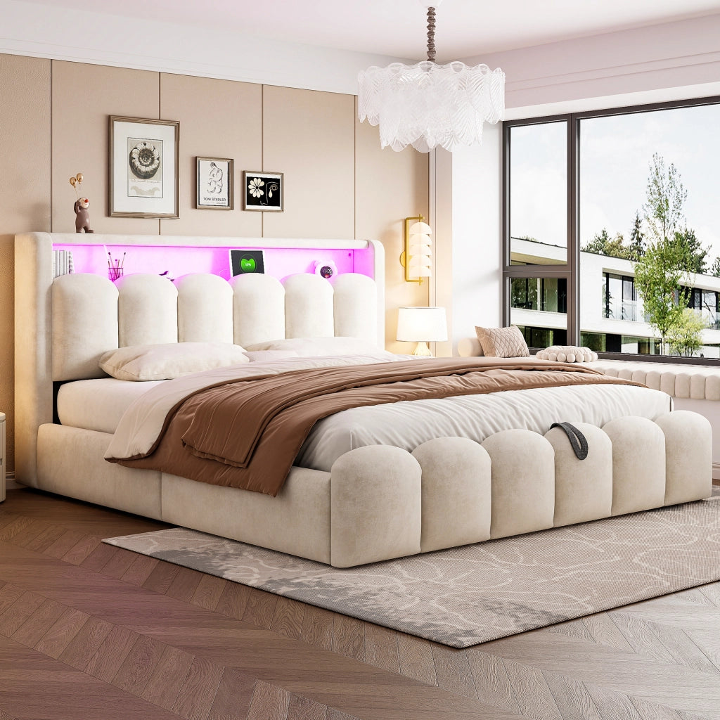 DESMIU Letto Contenitore 180 × 200 cm 2 Posti con LED, USB, Type-C e vani, senza materasso, Beige
