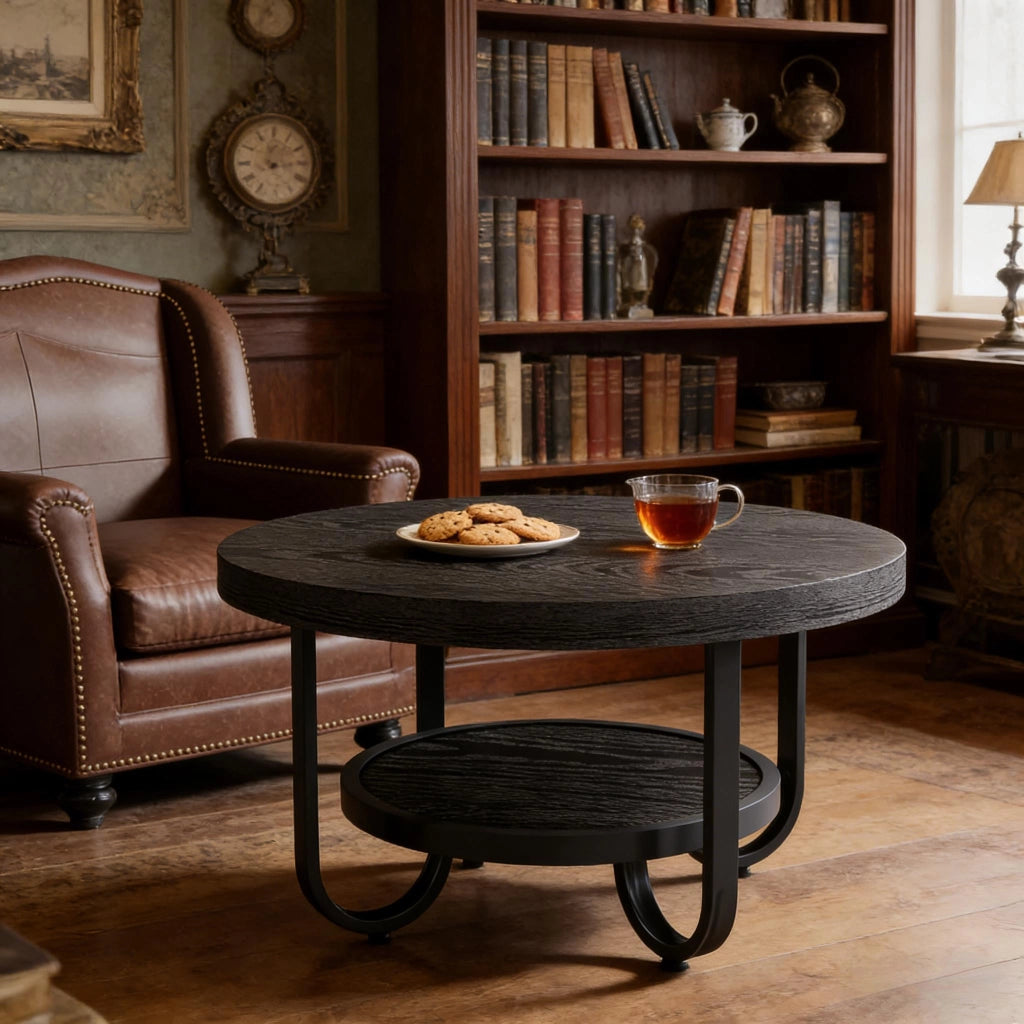 TAVOLINO DA CAFFÈ rotondo 79 cm 2 ripiani nero MDF e metallo