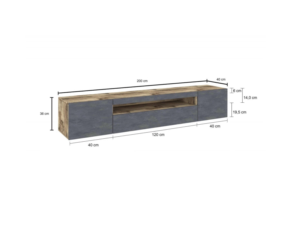 Mobile da soggiorno Porta Amore, Made in Italy, Supporto per Amore da salotto a 3 ante e ripiani, cm 200x40h37, Acero e Ardesia