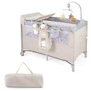 Lettino per bambini con materasso fasciatoio carillon e 3 giocattoli appesi, Box multiuso 5 in 1 Beige