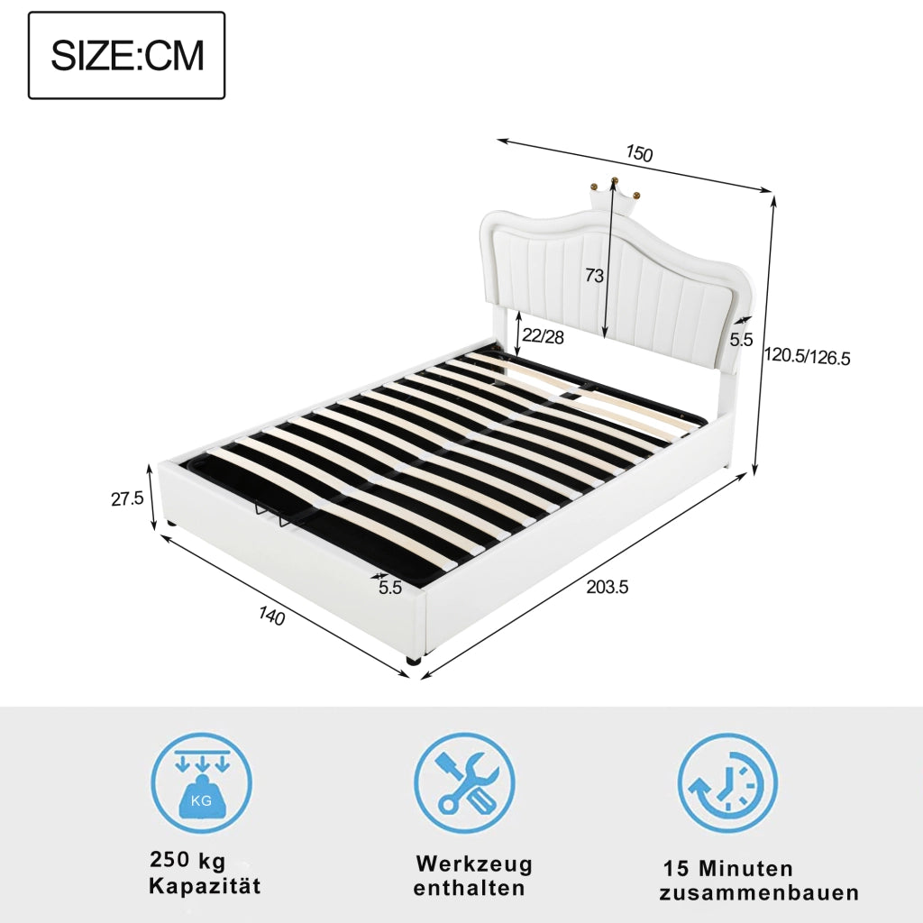 LETTO IMBOTTITO 140x200 cm Bianco con LED e contenitore idraulico