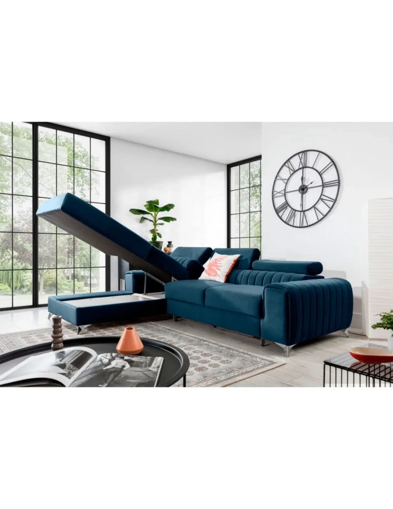 Divano ad angolo sinistro Blu scuro convertibile 3 posti JAYSON con contenitore integrato