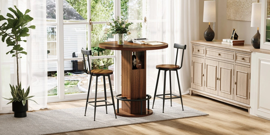 TAVOLO BAR ROTONDO 80 cm Noce Set 3 pezzi con 2 sgabelli