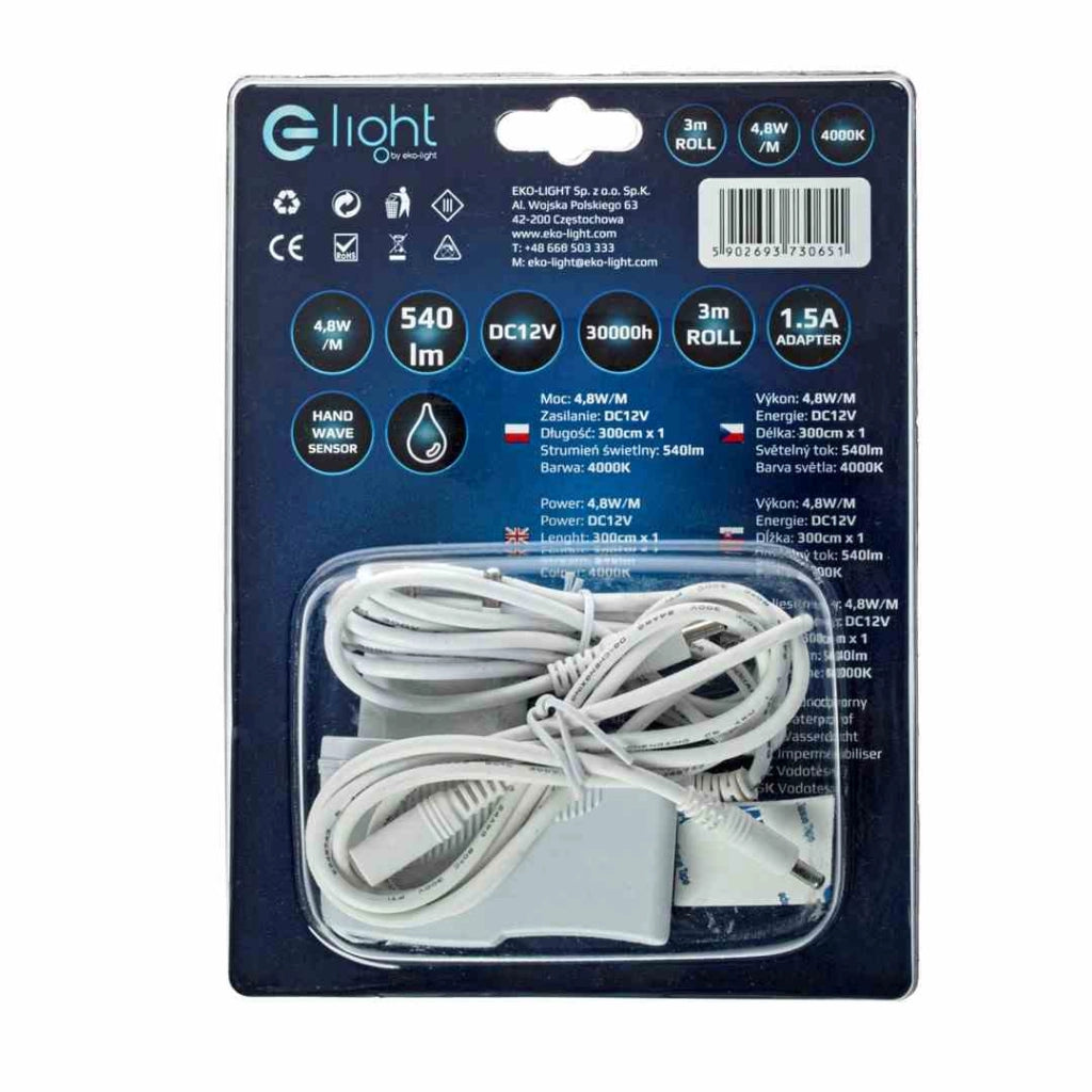 Striscia LED 3m 4000K con sensore e alimentatore Eko-Light