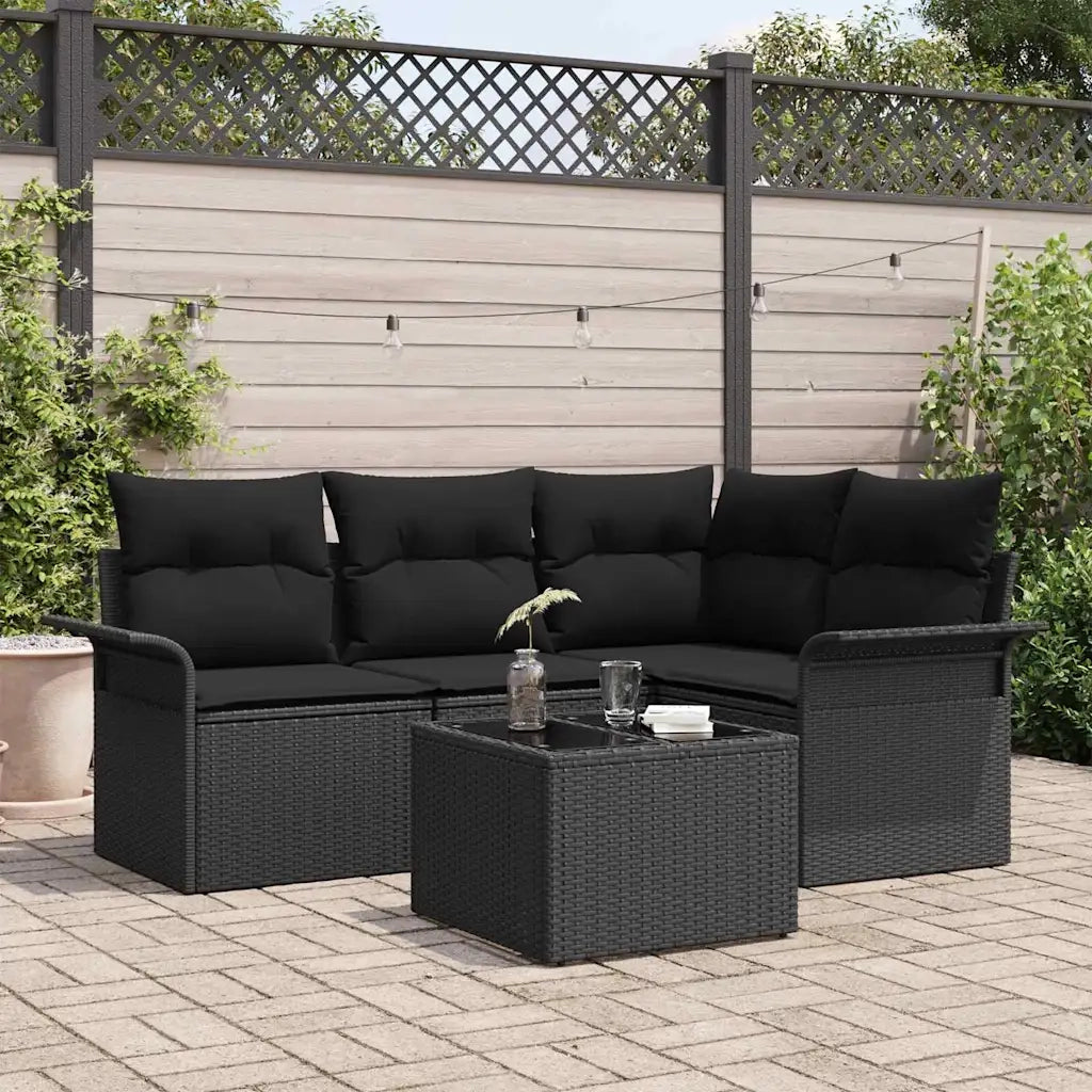 Set Divano da Giardino con cuscino 5 pcs Nero polyrattan