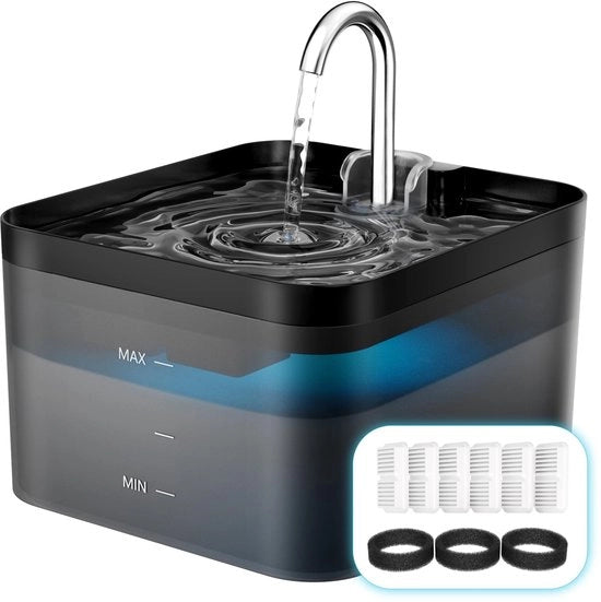 Fonte d'acqua per gatti, 2,2 litri, silenziosa, facile da pulire, con filtro a LED e attivato di carbone, due configurazioni di flusso d'acqua, 6 filtri + 3 schiumatori