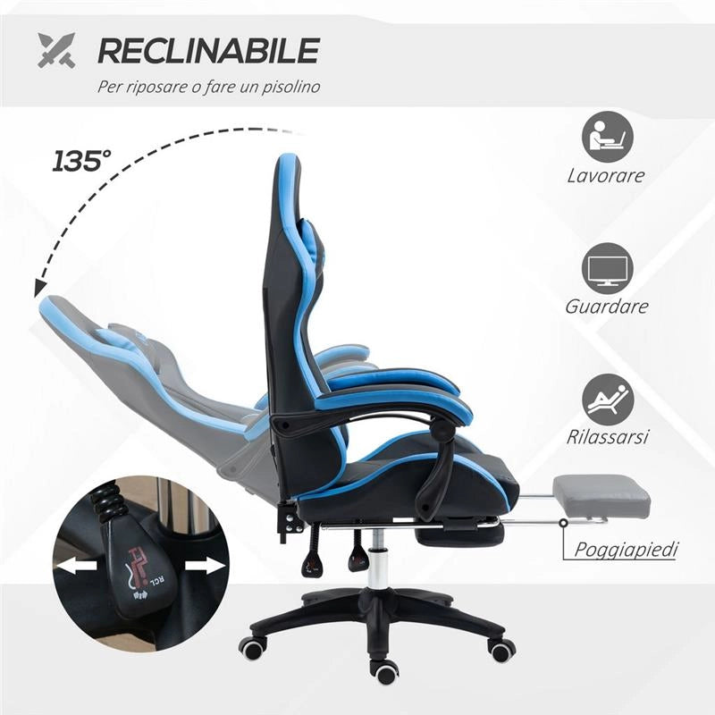 SEDIA DA GAMING CON ALTEZZA REGOLABILE E SCHIENALE RECLINABILE BLU E NERO