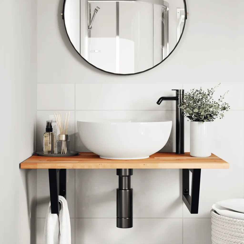 Ripiano a Parete per Lavabo in Acciaio e Massello di Acacia 3302835