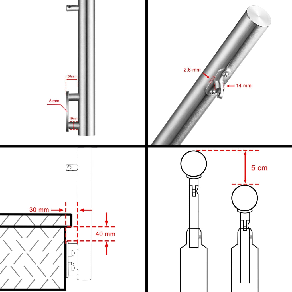 Ringhiera Balaustra Corrimano in acciaio inox 304 spazzolato per scale 180 cm, 3 barre trasversali, fissaggio laterale, per interni ed esterni