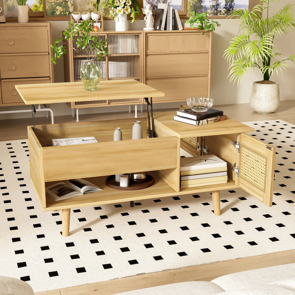 OKWISH Tavolino da Salotto Rettangolare con Piano Sollevabile e 2 Ante Effetto Rattan, per Soggiorno, in Truciolare, 103 x 50 x 46 cm