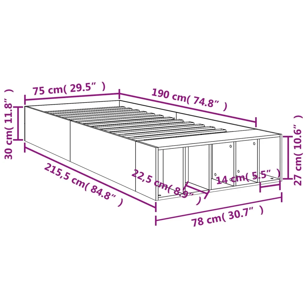 Letto singolo | Letto per adulti | Giroletto Grigio Sonoma 75x190 cm in Legno Multistrato